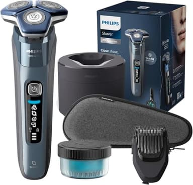 PHILIPS Shaver S7000 – Elektrischer Nass-& Trockenrasierer in Eisblau mit 1 x integrierten ausklappbaren Trimmer, Barttrimmer-Aufsatz, Reinigungsstation, Reiseetui & Ladestation (Modell S7882/54)