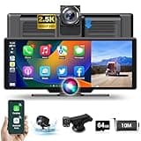 Wireless Carplay Android Auto Display mit 2.5K Dashcam Auto Vorne Hinten 10.26 Zoll Touchscreen Carplay Display Tragbarer Driveplay mit Rückfahrkamera Bluetooth Mirror Link Siri 64G TF-Karte