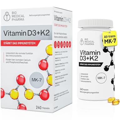 Vitamin D3 K2 MK-7 Hochdosiert – 240 Softgel Kapseln – 5000 IE Vitamin D und 100mcg Vitamin K2 MK7 – Hohe Bioverfügbarkeit mit Leinöl – Unterstützt Immunsystem und Knochen – Ohne Zusätze