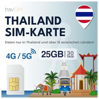 Thailand SIM Karte travSIM | 25GB Mobile Daten | Funktioniert auf iOS- und Android-Geräten | Der Plan auf Dieser SIM-Karte für Thailand ist 30 Tage lang gültig