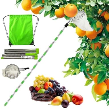 TUIBEIDAMAI Obstpflücker mit Teleskopstiel 4.25M,Apfelpflücker Diameter 16 cm,Kirschenpflücker mit Baumwollbeutel,Edelstahl Obstsammler für Kirschen,Pflaumenpflücker,Fruit Picker,Obstgreifer