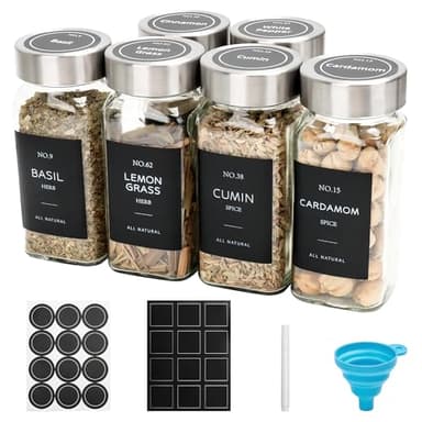 6er Set Gewürzdosen, 120ml eckige Gewürzgläser aus Glas, Gewürzstreuer Set mit Edelstahl Deckel, Gewürzbehälter, Gewürzaufbewahrung mit Trichter, Etiketten, Für GewürzOrganizer, Schrank, Schublade