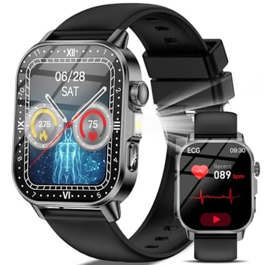 Smartwatch Herren mit EKG/ΒΙυtｚυcker/BMI/HRV/Harnsäure/LED-Licht,2,0"Gesundheitsuhr mit 24H BΙutdruckmessung SpO2 Pulsuhr Körpertemperatur Schlaf/Apnoe-Monitor, SOS-Notruf Fitnessuhr für iOS Android