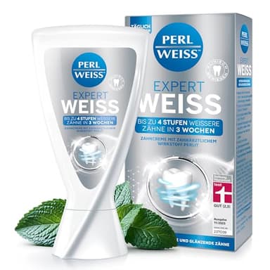 PERLWEISS Expert Weiss Zahncreme – Bis zu 4 Stufen weißere Zähne in 3 Wochen – Zahnpasta für weiße Zähne wie beim Zahnarzt – zahnschmelzschonende Zahnaufhellung & Glanzpflege mit Perlit