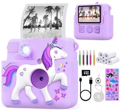 FUNKAM Kinderkamera Sofortbildkamera, Sofortbildkamera Kinder mit Druckpapier, Einhorn-Hülle & 32GB TF Karte, Digitalkamera Kinder mit bunten Stiften Geschenk (Lila)