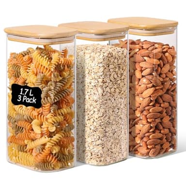 ComSaf 3er Set Vorratsgläser mit Deckel Luftdicht 1,7L, Glasbehälter mit Deckel Vorratsdosen Glas, Aufbewahrungsgläser Aufbewahrung Küche, Vorratsglas mit Holzdeckel für Keksdose, Müsli, Cornflakes