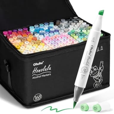 Ohuhu Alkohol Marker mit Pinselspitze: 168 Farben Doppelspitziges Künstlermarker-Set für Erwachsene zum Illustrieren und Kolorieren - Honolulu – Pinsel & Breitspitze – Nachfüllbar