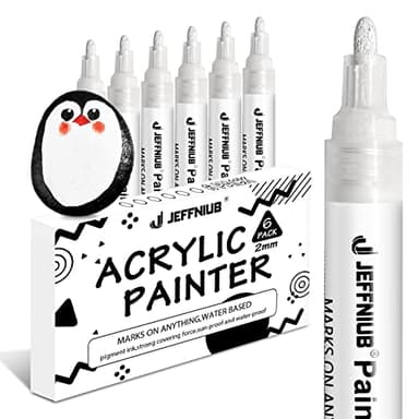 JEFFNIUB Weiß Acrylstifte Dicke Spitze 6Stück, Weiß Stift Wasserfest Marker Stifte für Holz, Metall, Glas, Stoff, Steine Bemalen, Schwarzes Papier