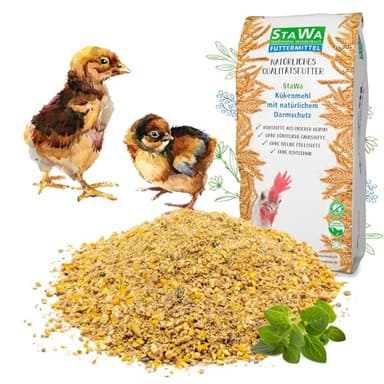 STAWA Kükenmehl Kükenaufzucht Alleinmehl, natürlicher Cocci-Schutz durch Majoran und Oregano-Öl, ohne Gentechnik, mit Leinschrot + Schwarzkümmel, Premium Kükenfutter für sichere Aufzucht, 25 kg
