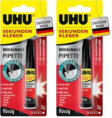UHU Sekundenkleber extra stark | 3g Kleber Pipette für präzises Kleben | Sekundenkleber flüssig für Kunststoff, Metall, Holz, Keramik, Porzellankleber | Superkleber & Kunststoffkleber (Packung mit 2)