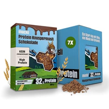 mucki Protein Knuspermüsli mit Schokolade 360g x 7-7er Pack – Hochwertiges Protein Müsli ohne Zucker – Proteinreiches Schokomüsli mit 32% Proteingehalt, Haferflocken, Sojacrispies und Ballaststoffen