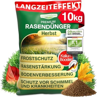 DÜNGEMEISTER Herbst Rasendünger – mit Langzeitwirkung und KaliumschutzPlus Formel für extrem winterfesten, sattgrünen Rasen! Perfekte Widerstandsfähigkeit gegen Frost & Krankheiten (10kg)