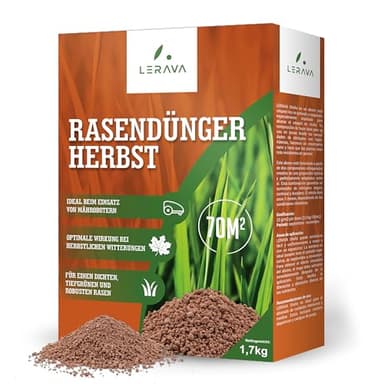 LERAVA® Herbstdünger Rasen (70m²) – Hochwertiger Rasendünger Herbst für dichten, grünen Rasen – Regeneriert nach Sommerhitze I Stärkt Wurzeln & Rasengesundheit – Ideal für Rasenpflege im Herbst