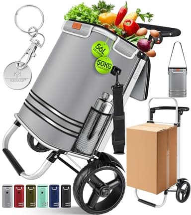 KESSER® Einkaufstrolley klappbar mit 56L Kapazität und belastbar bis 50kg | 3in1 Trolley Sackkarre & Umhängetasche | Faltbarer Einkaufswagen inkl. Kühlfach & Einkaufschip | Treppensteiger Grau