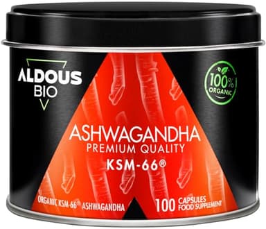 Bio Ashwagandha Kapseln KSM-66 ® 100% Rein - 100 Kapseln - Maximale Tagesdosis ohne Zusatzstoffe für 100 Tage - Stimmungsaufheller - Vegan - Plastikfrei - Zertifizierte Bio Qualität - ALDOUS