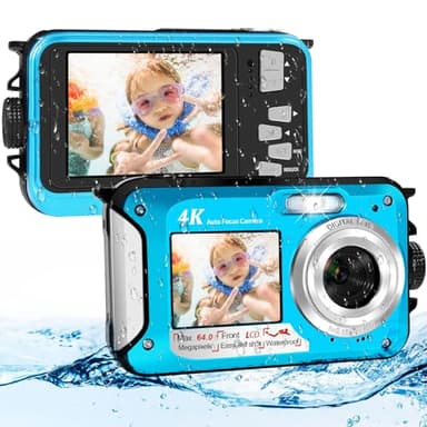 64MP Unterwasserkamera mit 64GB Speicherkarte, 4K unterwasser kamera mit Autofokus & Dual-Selfie-Bildschirmen, 5 Meter kamera wasserdicht, digitalkamera wasserdichte für Kinder & Schnorcheln (2 Akkus)