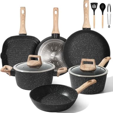 GMISUN Topf und Pfannenset,11-Teiliges Induktion Töpfe Set，Kochtopf Set Induktion，Pfannenset Mit Deckel, FüR Alle Herdarten, Pfoa/Pfos-Frei,Schwarz