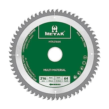 METAK HM Kreissägeblatt 216x30mm 64 Zähne für Aluminium Multi-Material Sägeblatt 216x30 Ideal für Holz, Laminat, MDF, Kunststoff, und Kupfer - Kompatibel mit Metabo, Bosch & vielen weiteren Marken