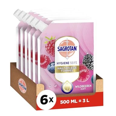 Sagrotan Handseife Nachfüller Brombeere und Waldfrüchte – Feuchtigkeitsspendend und stark gegen Bakterien – 6 x 500 ml Handseife