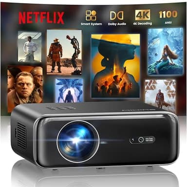 Smart Beamer mit Netflix, Dolby Audio, WiMiUS 1100 ANSI Autofokus/6D Trapezkorrektur Led Beamer 4K Heimkino Unterstützt, WiFi Bluetooth Full HD 1080P Outdoor Deckenmontage Projektor für Android/iPhone