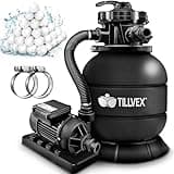 tillvex® Sandfilteranlage Pool 7.900L/h inkl. 400g Filterbälle | Filteranlage 7-Wege Ventil & 2in1 Adapter Ø32mm - 38mm | Poolfilter mit Druckanzeige | Sandfilter für Schwimmbecken (Schwarz)