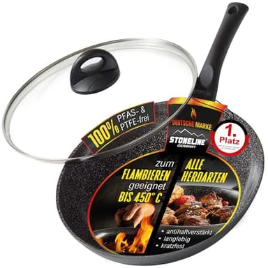 STONELINE Ceramic Bratpfanne mit Deckel 28 cm Keramikpfanne Induktion Antihaft Pfanne Keramikbeschichtung mit echten Steinpartikeln, Pfanne PFAS-frei, Für alle Herdarten, Backofengeeignet