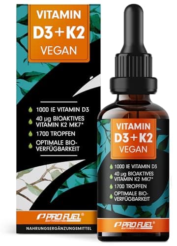 Vitamin D3 K2 vegan - 1700 Tropfen (50ml) - 1000 IE Vitamin D3 + 40 mcg K2 MK7 (Pharmaquinone®) pro Tag - optimal hochdosiert & bioverfügbar - veganes Vit. D3 (RAWD3®) - laborgeprüft mit Zertifikat