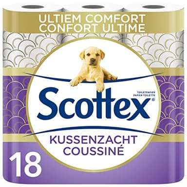 Scottex gepolstertes Toilettenpapier, 18 Rollen, besonders bequem und weich – 100 Prozent recycelbare Verpackung