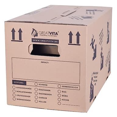 MeaVita Umzugskartons 20 Stück 2‑wellig, extra stabil bis 40 kg, 600 x 330 x 350 mm, recycelte Pappe, schnell aufbauend ohne Klebeband, moving boxes sowie archivbox mit verstärkten Tragegriffen