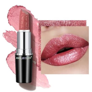 Anglicolor Glitzer Lippenstift Rosenholz Metallic Glänzend Glossy, Shimmer Lipstick Seidig Velvet Langanhaltend Feuchtigkeitsspendende, Vegan Lipgloss Damen Mädchen Make-up (01 COSMOPOLIS,4g)