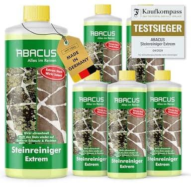 ABACUS® Steinreiniger Extrem, intensiver Steinreiniger für außen mit Sofortwirkung, entfernt sofort Schmutz, Grünbelag, Flechten & Algen auf Steinen in Minuten, Steinreiniger Intensiv außen 6x 1000ml