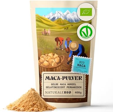 NaturaleBio Maca Pulver Bio, 400g. Peruanisches Ginseng Pulver aus der Gelben Maca Root. Gelatiniert, Biologisch und Rein. Ohne Zusatzstoffe. Gemahlene Macca Wurzel