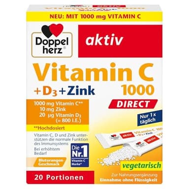 Doppelherz Vitamin C 1000, D3 und Zink DIRECT - Vitamin C, Zink und Vitamin D unterstützen die normale Funktion des Immunsystems - 20 Portionen