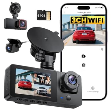 Bestsee 2.5K Dashcam Auto Vorne Hinten und Innen, 2,35" IPS-Bildschirm Dashcam Auto, mit 64GB SD-Karte, 24H Parküberwachung, WDR Nachtsicht, G-Sensor, Loop-Aufnahme, Sichtwinkel（170°+150°+150°）