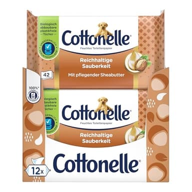 Cottonelle Feuchtes Toilettenpapier, Mein Spa Erlebnis - Kaschmir und Shea Butter, Biologisch Abbaubar, Plastikfrei, Wiederverschließbar, Vorteilspack, 12 x 42 Feuchttücher