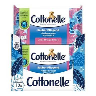 Cottonelle Feuchtes Toilettenpapier, Sauber Pflegend - Mizellenwasser & Baumwollduft, Biologisch Abbaubar, Plastikfrei, Wiederverschließbar, Vorteilspack, 12 x 42 Feuchttücher