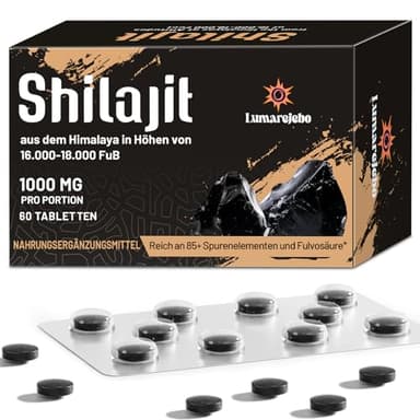 Shilajit Original Himalaya Tabletten 30.000 mg, 100% Reine Hochdosiert Hochkonzentriertes Shilajit, Reich an 60% Fulvosäure und Mineralien, 10:1 Extrakt, Praktischer als die Harzform (60 Tabletten)