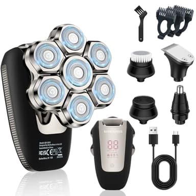 BarberBoss Glatzen Rasierer Herren, Magnetischer Rotationsrasierer, 7D Glatzenrasierer für Männer, 5-in-1 Elektrischer mit LED-Display, Bart- & Nasentrimmer, All-in-One-Gesichtspflege-Kit, QR-2025