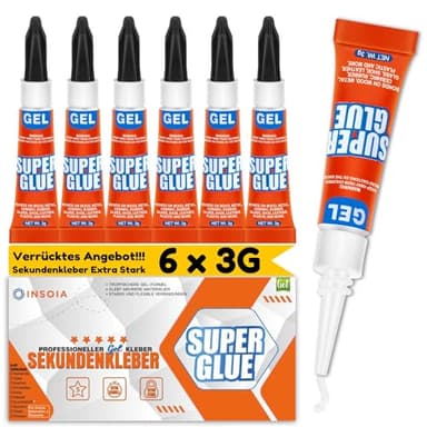 Sekundenkleber Gel (6er-Pack x 3g) – extra starker & wasserfest Superkleber für schnelle, flexible Sofortreparaturen, transparent kontakt Kleber für Kunststoff, Holz, Porzellan, Glas uvm.