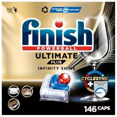 Finish Ultimate Plus Infinity Shine Spülmaschinentabs – Geschirrspültabs für intensive Reinigung, Fettlösekraft und Glanz mit Schutzschild – 2x73 Finish Caps