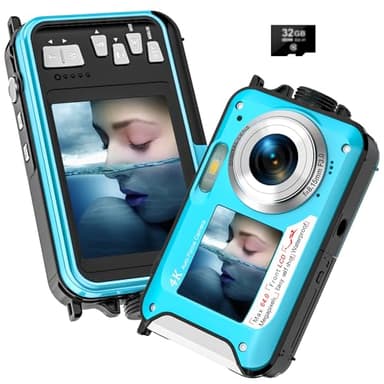 Digitalkamera, Yixinxin Unterwasserkamera wasserdichte Kamera zum Schnorcheln Full HD 4K 64MP Autofocus Digitalkamera wasserdichte Selfie Dual Screens 16FT 16X Digital Zoom