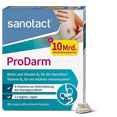 sanotact ProDarm (20 Kapseln) • 10 Mrd. Milchsäurekulturen + 3 Bakterienstämme zur Darmsanierung • Bakterienkulturen als Darmreinigungskur • Mit Vitamin B6, B2 + Biotin • Darmkur Probiotika