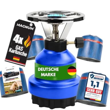 Magnum Camping&Gaskocher Set E190 mit 4 Gaskartuschen Gasherd/Kochfeld 1-flammig geeignet für Outdoor, Freizeit, Wanderung, Picknick Camping und Veranstaltungen