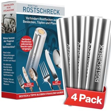 Rokitta's Rostschreck für Spülmaschine – 4er Set - Das Original – Rost Magnet gegen Flugrost – Für strahlendes Besteck, Töpfe, Pfannen & Geschirrspüler – Bekannt aus "Die Höhle der Löwen"
