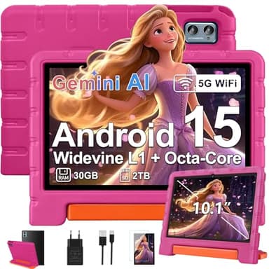 ZIOVO Kinder Tablet 10 Zoll Android 15 mit 30GB RAM+TF 2TB, 5G WiFi, Gemini AI, Octa-Core, Widevine L1, GPS, Face ID, Kindersicherung, iWAWA, 6000mAh, BT 5.0, Kids Tablet mit Eva Case - Rosa