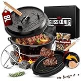 GUSSKÖNIG Dutch Oven Set - Eingebrannter Dutch Oven 8 Liter - Feuertopf aus Gusseisen ohne Füßen - Schmortopf Doppelfunktion - inkl. 2in1 Deckelheber, Dutch Oven Rezeptbuch[für 3-6 Personen]