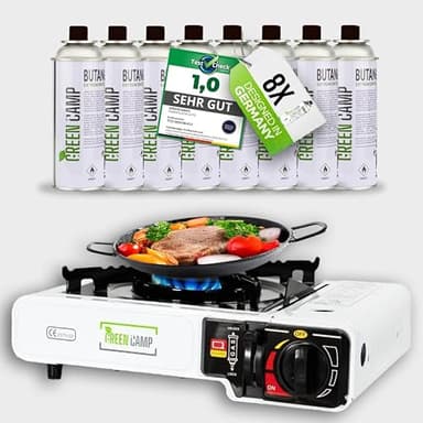 Green Camp ® Gaskocher mit 8 Kartuschen 227 g - Campingkocher mit Gaskartuschen mit Piezozündung - GaskocherCamping