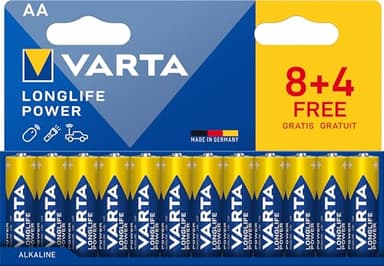 VARTA Batterien AA, 8+4 (12 Stück), Longlife Power, Alkaline, 1,5V, ideal für Spielzeug, Funkmaus, Taschenlampen, Verpackung zu 90% recycelt, Made in Germany