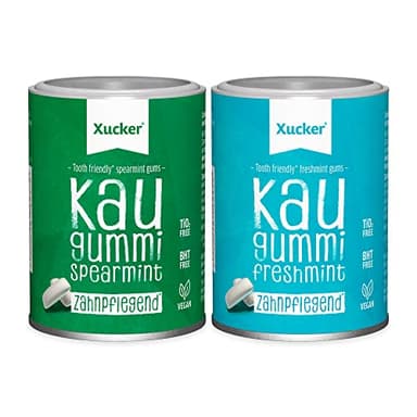Xucker Zuckerfreie Zahnpflege Kaugummis Set - Xylit Kaugummi mit Spearmint & Freshmint Geschmack I Vegane Xylitol Kaugummis I Zahnpflege & gegen Mundgeruch I 2x 100g (Spearmint + Freshmint Dose)