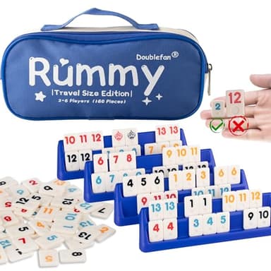 Doublefan Mini Rummy Set in Reisegröße mit Segeltuchtasche - Klassisches Brettspiel für Erwachsene und Kinder, 160 Steine, 6 Spielständer, 1 Würfel (2-6 Spieler)
